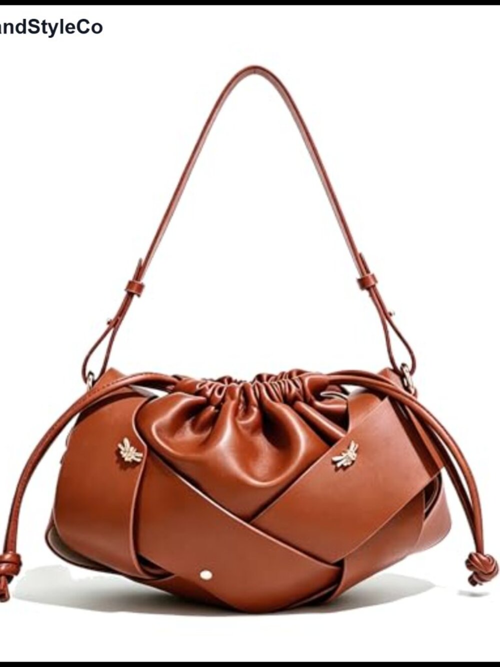 Woven Drawstring Shoulder Bag Faux Leather Bucket Purse